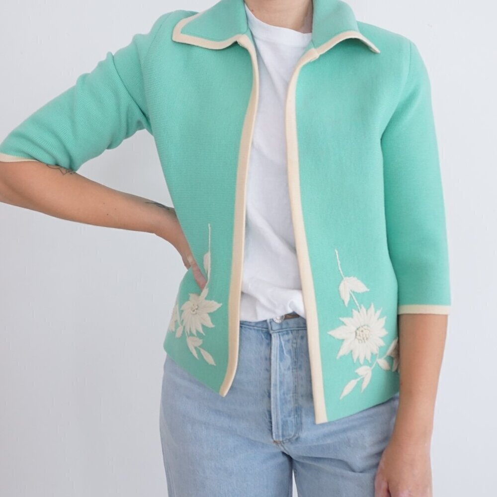 Vintage Teal w White Embroidered Floral Open Front Cardigan Sweater S